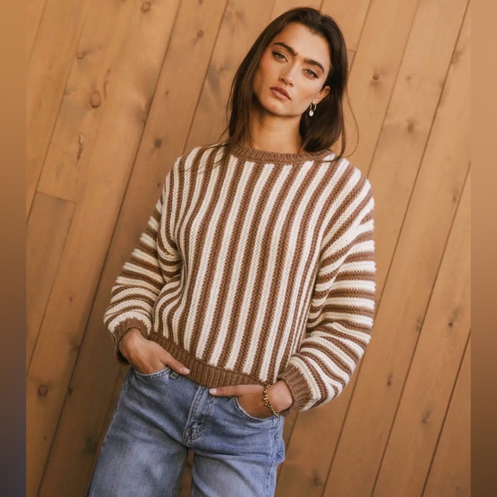 bohme Baila Mocha Brown Cream Striped Knit Pullover Sweater Polyester/Nylon XS